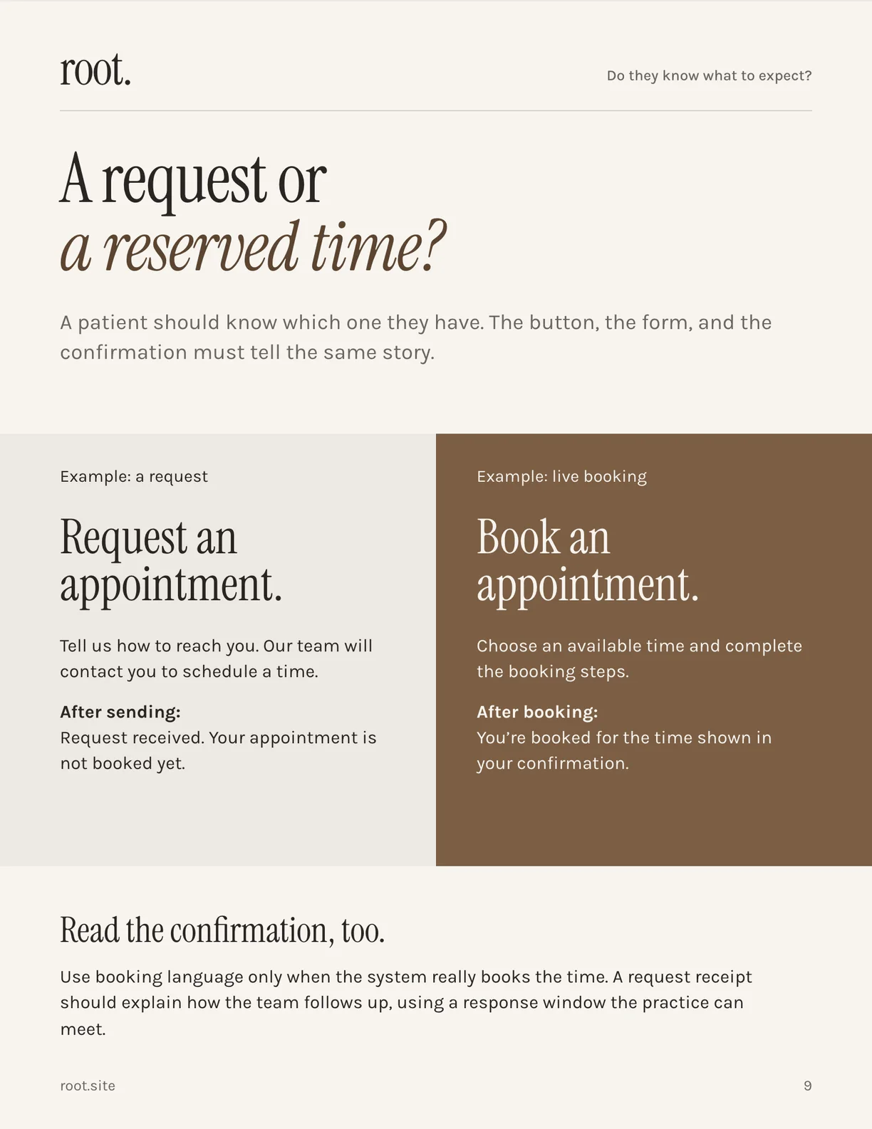 Page 9 of the guide: two example forms side by side, “Request an appointment” and “Book an appointment”, each with the confirmation message that should follow.