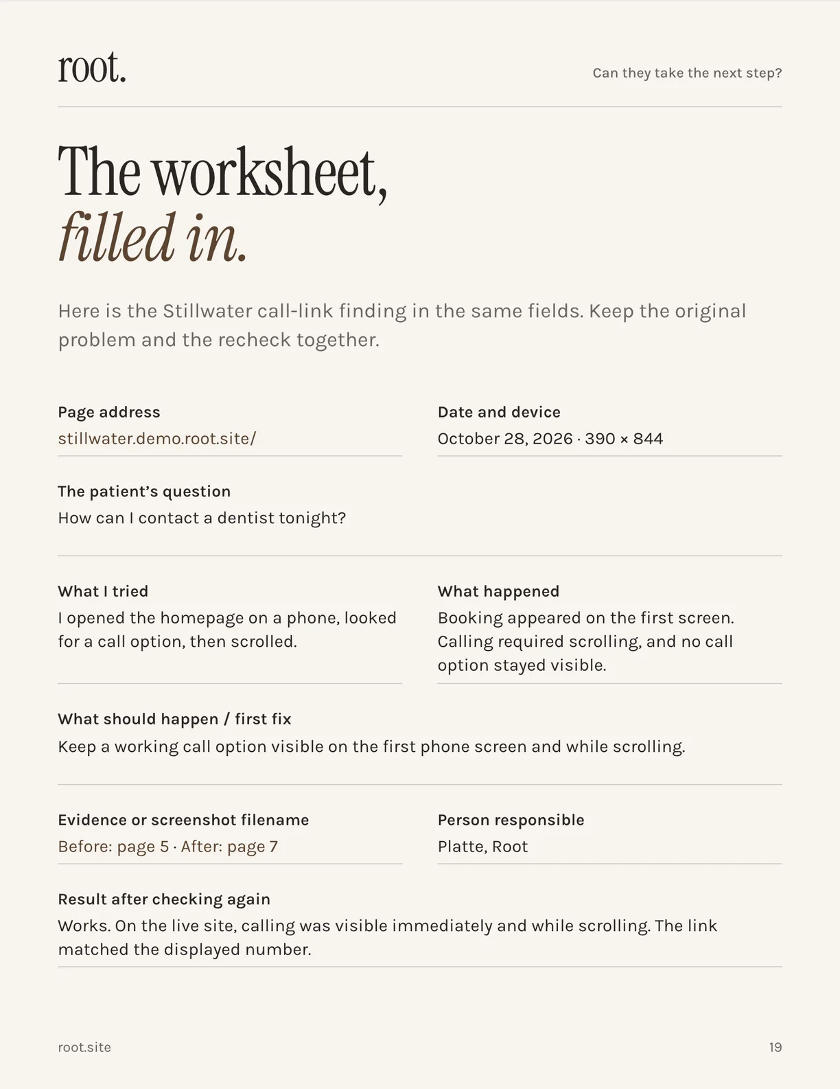 Page 19 of the guide: the same worksheet filled in with the Stillwater call-link finding, from the question “How can I contact a dentist tonight?” to “Works” on the recheck.