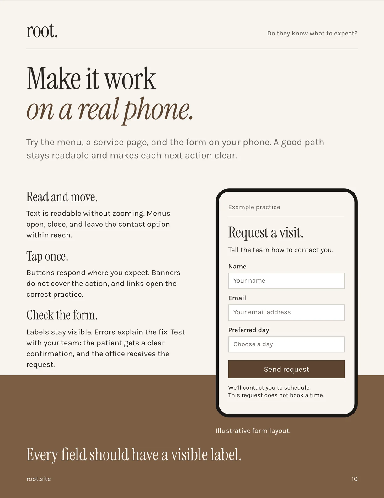 Page 10 of the guide: what to check on a real phone, including an illustrative request form with visible labels.