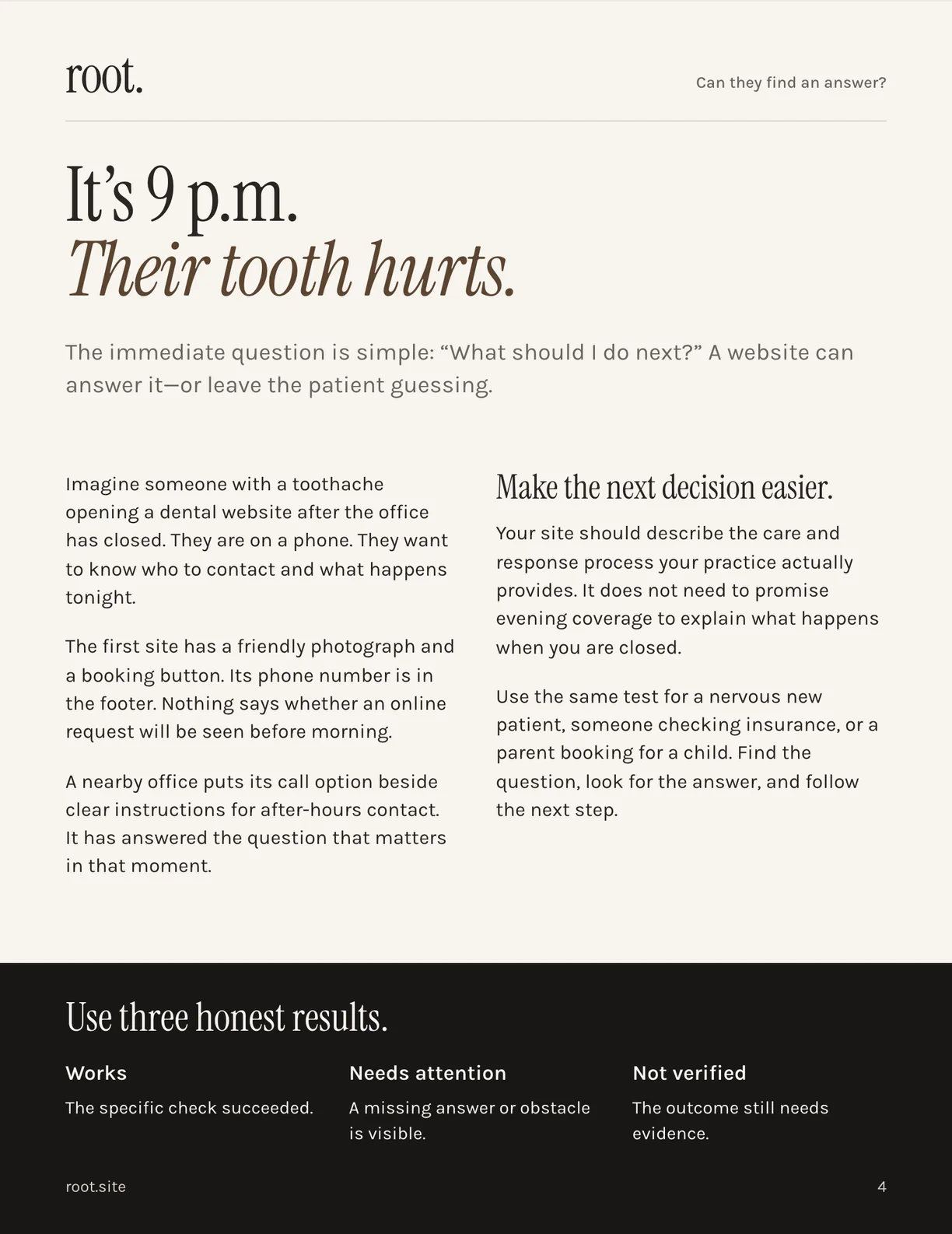 Page 4 of the guide: “It’s 9 p.m. Their tooth hurts.” A patient scene, then the three honest results: Works, Needs attention, Not verified.