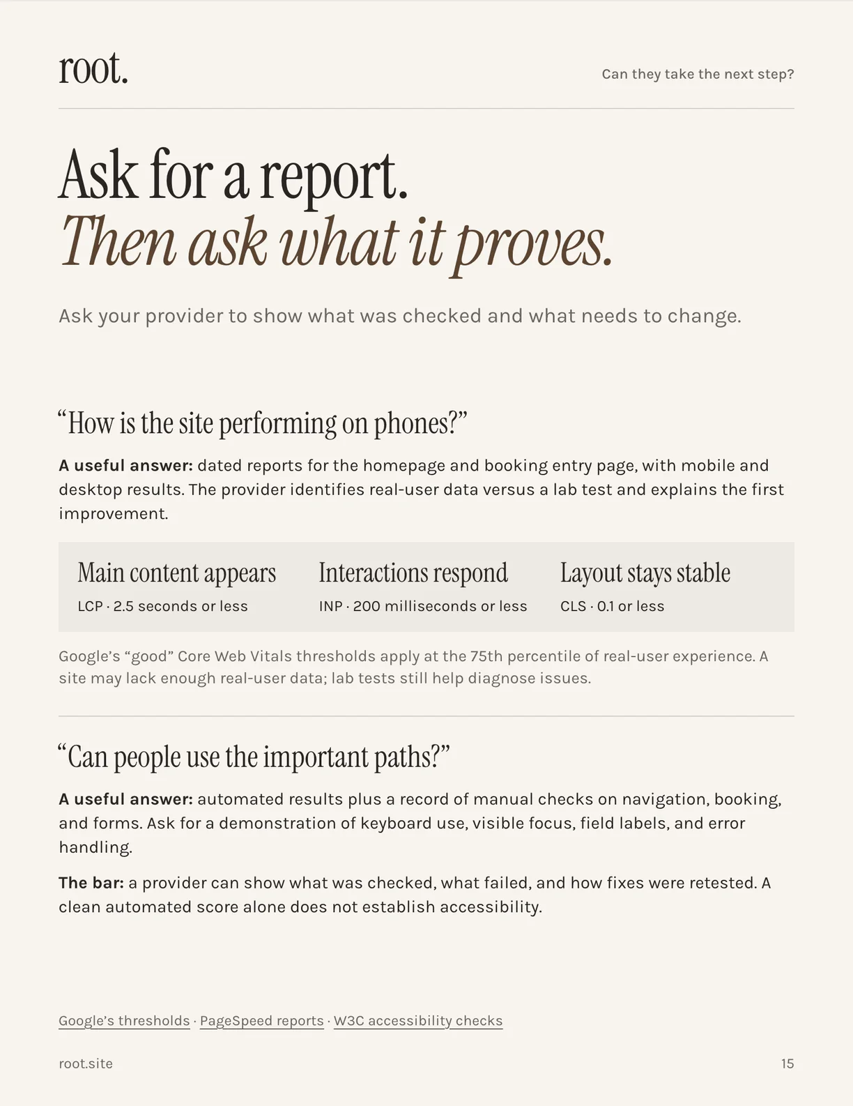 Page 15 of the guide: two questions to ask a provider, about phone performance and usability, with what a useful answer includes and Google’s Core Web Vitals thresholds.