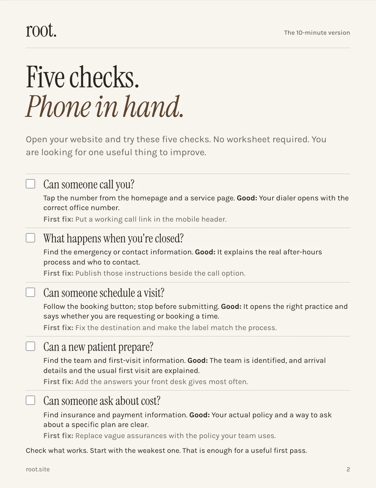 Page 2 of the guide: five checks with a checkbox each. Can someone call you? What happens when you’re closed? Can someone schedule a visit? Can a new patient prepare? Can someone ask about cost?