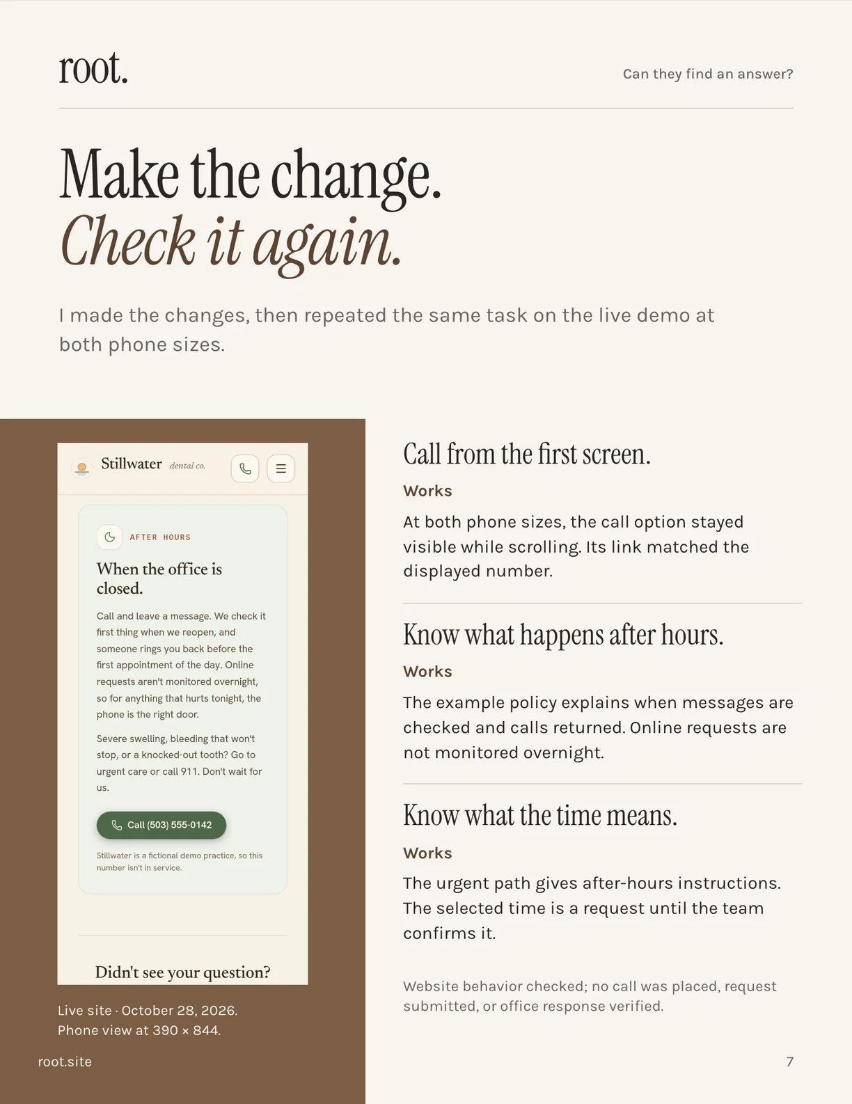 Page 7 of the guide: the live Stillwater demo on a phone, showing a call icon in the header and an after-hours card, beside three checks that now all read Works.