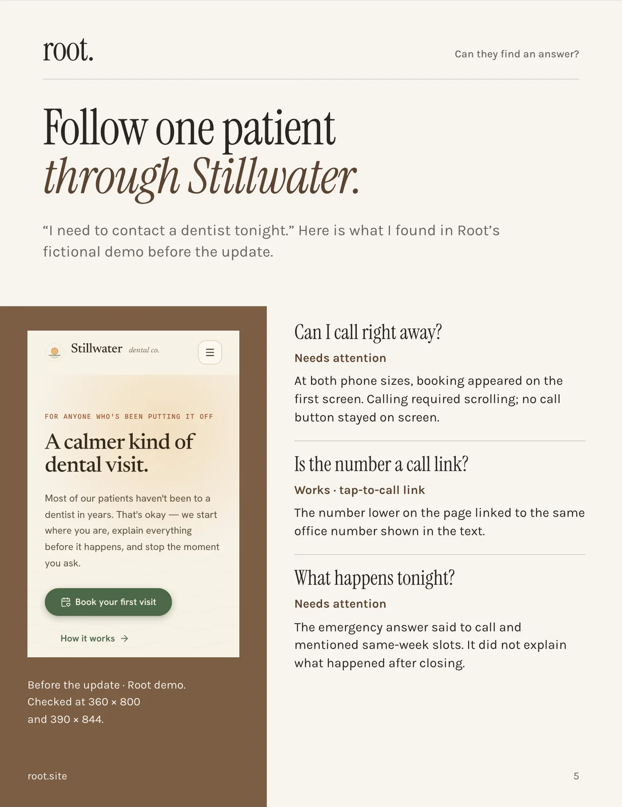 Page 5 of the guide: the Stillwater homepage on a phone beside three checks. Can I call right away? Needs attention. Is the number a call link? Works. What happens tonight? Needs attention.