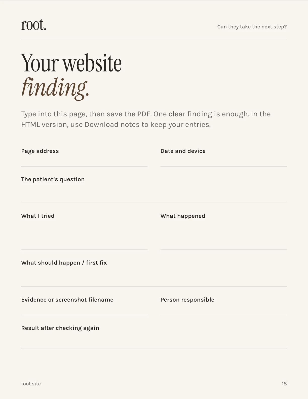 Page 18 of the guide: a blank worksheet with fields for page address, date and device, the patient’s question, what I tried, what happened, the first fix, evidence, person responsible, and the result after checking again.