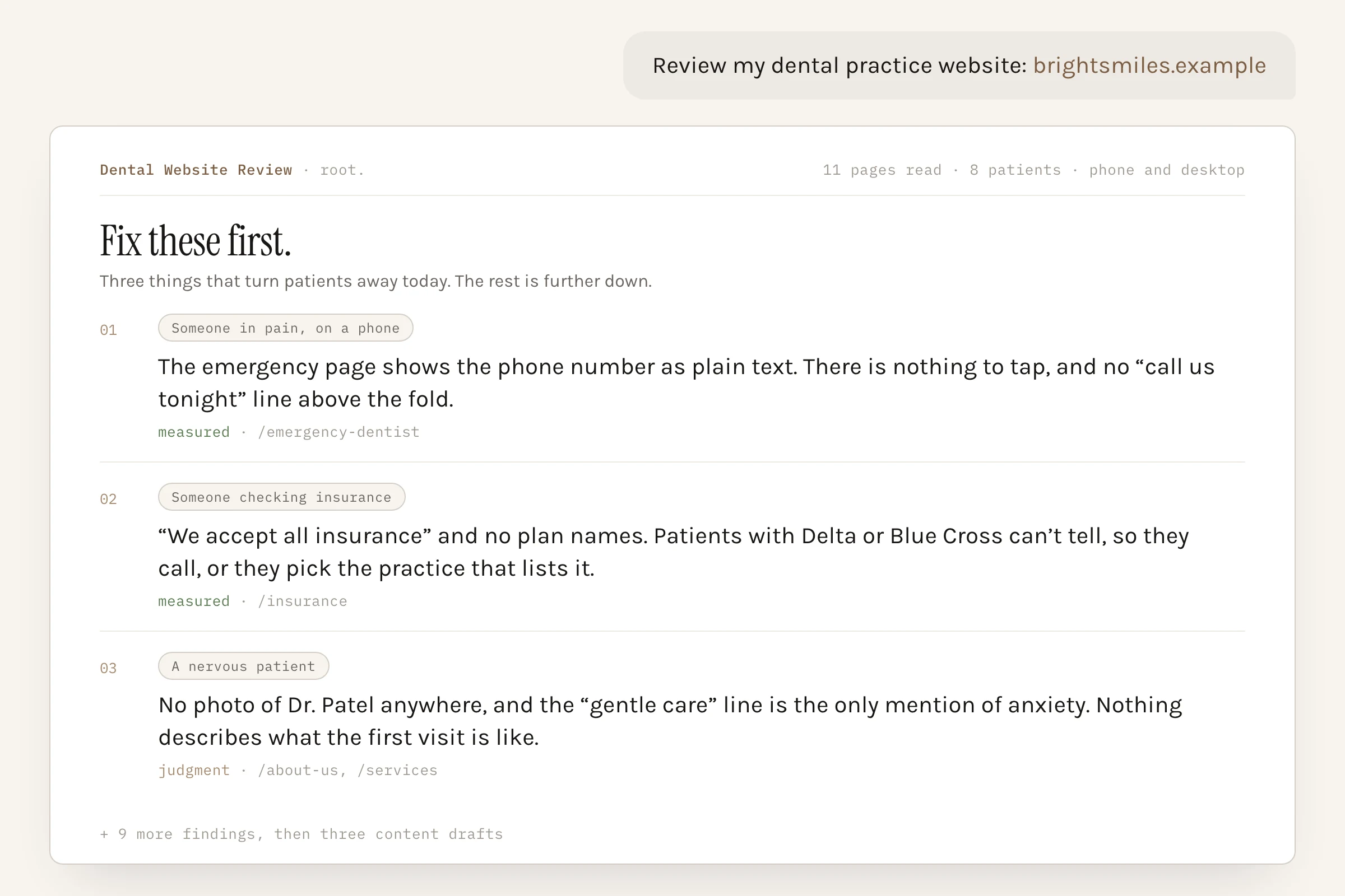 A ChatGPT conversation. The user asks for a review of brightsmiles.example; the reply lists three things to fix first, each tagged with the kind of patient it affects and the page it was found on.