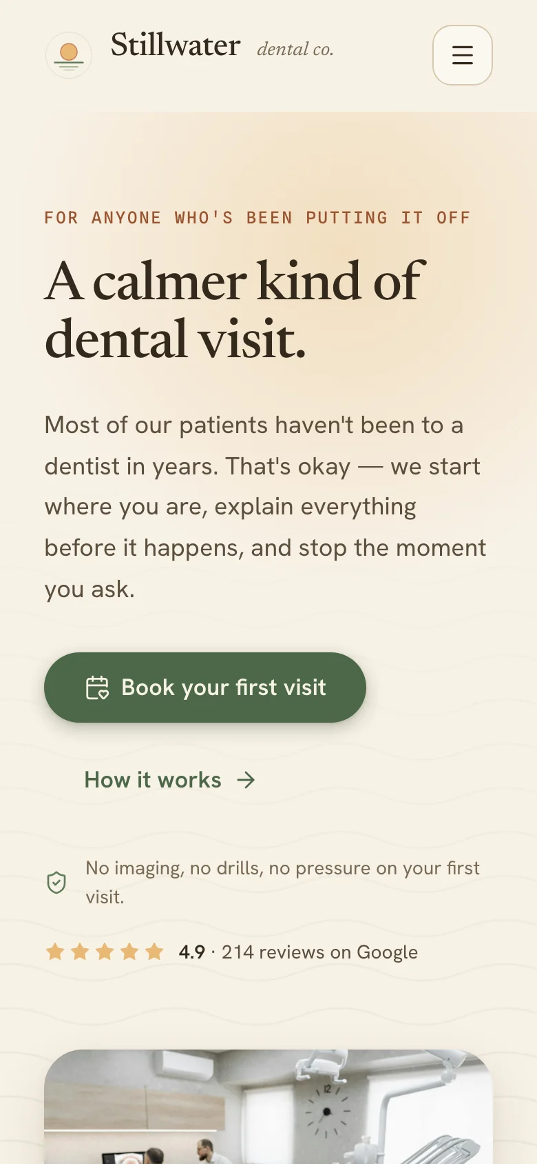 The same site on a phone: the book button is on the first screen