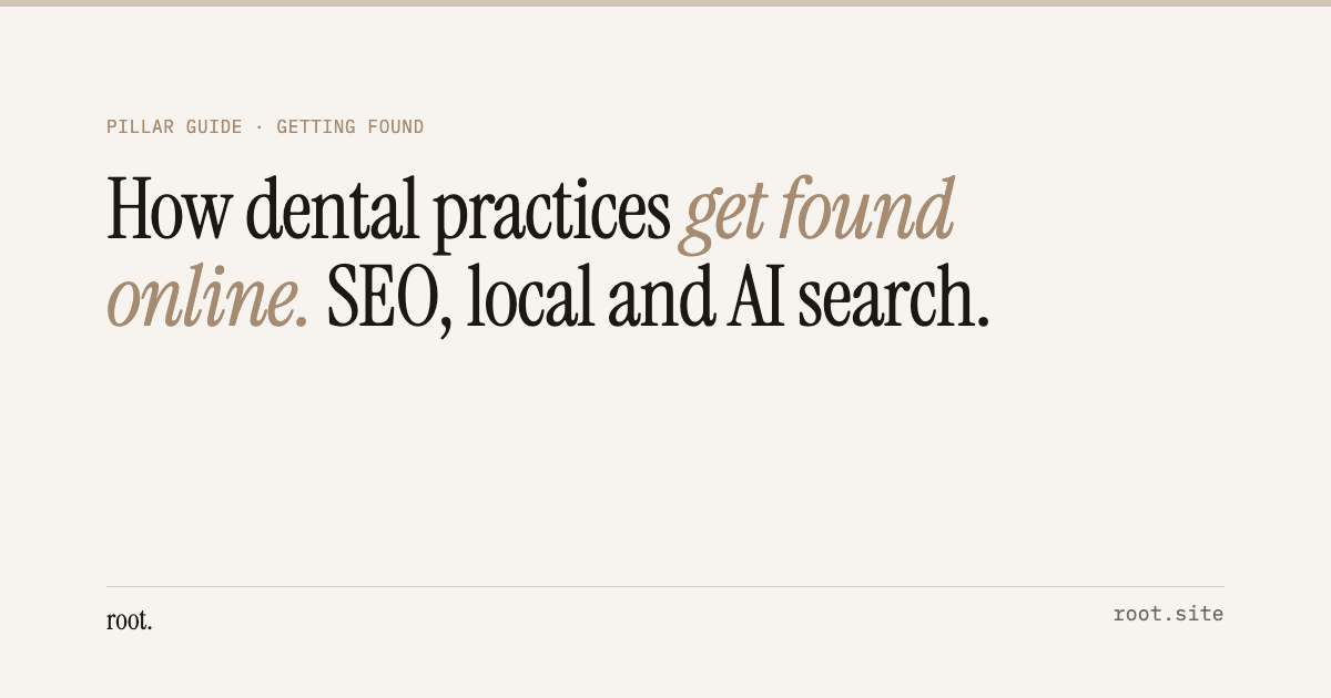 Typographic card for the guide to how dental practices get found online, on cream with the title in serif type.